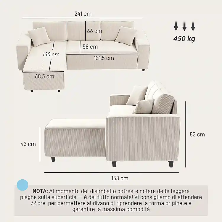 HOMCOM Τριθέσιος Καναπές με Χαμηλή Πλάτη, 241x153x83 εκ., Λευκό Κρεμ 83B-352V00CW