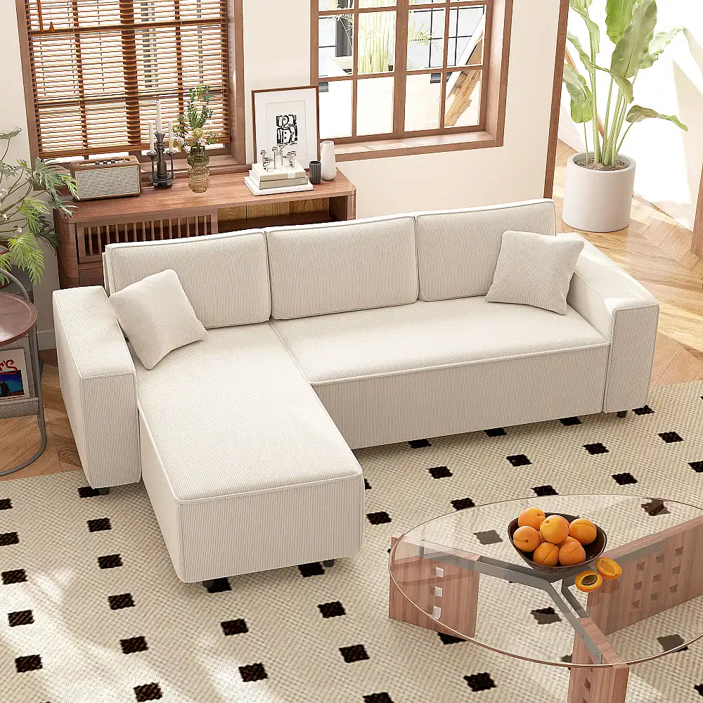 HOMCOM Τριθέσιος Καναπές με Χαμηλή Πλάτη, 241x153x83 εκ., Λευκό Κρεμ 83B-352V00CW