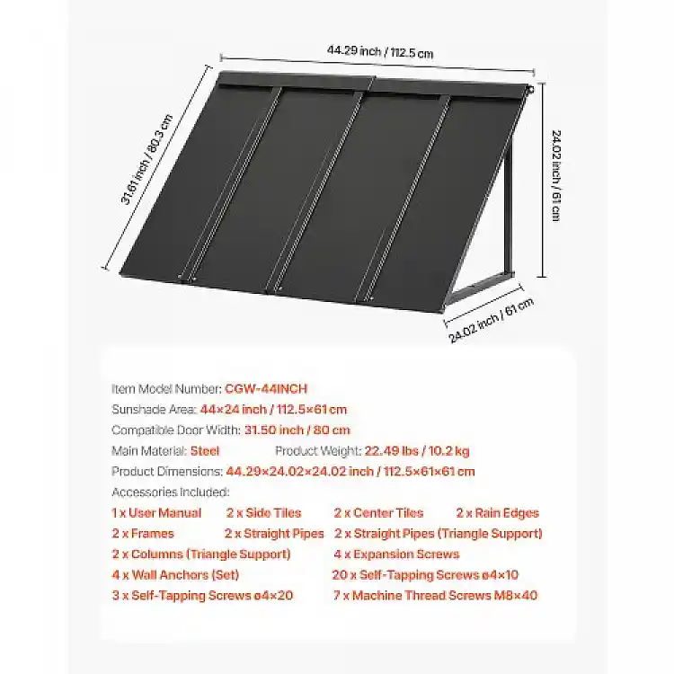 VEVOR Τέντα Παραθύρου Πόρτας 44x24 in Εξωτερική Αίθριο Ατσάλινη Τέντα Εισόδου JSGDSZYP44INH0EP0V0