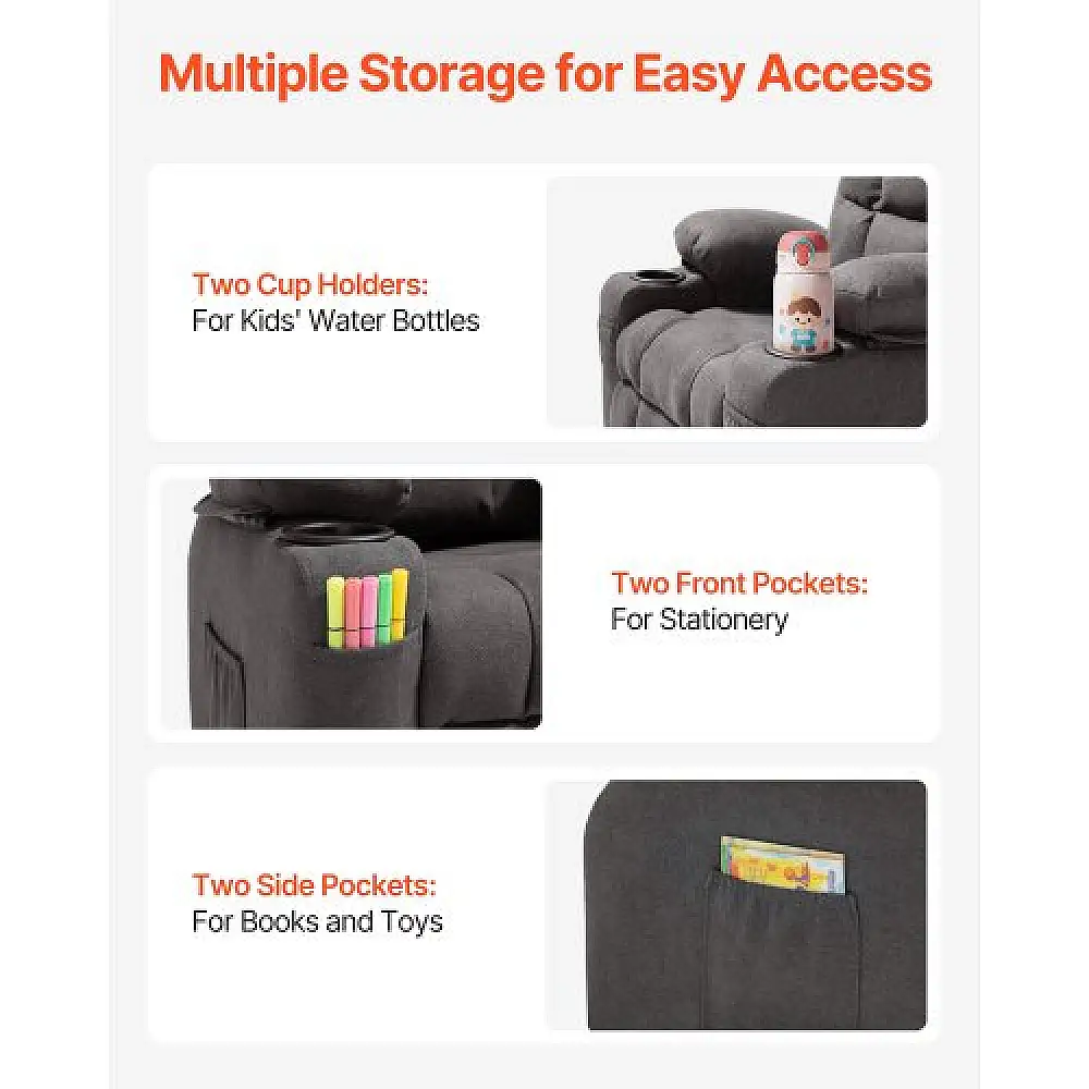 VEVOR Παιδική Πολυθρόνα Ξαπλώστρα με Θήκες και Ποτηροθήκες (Γκρι) ETTYBYKZS282CDAM5001V0