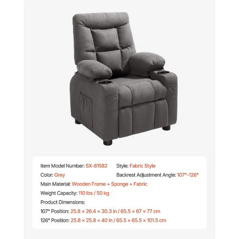 VEVOR Παιδική Πολυθρόνα Ξαπλώστρα με Θήκες και Ποτηροθήκες (Γκρι) ETTYBYKZS282CDAM5001V0