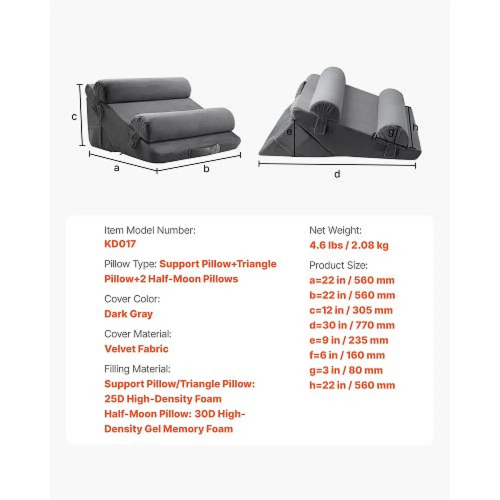 VEVOR Ρυθμιζόμενο Ορθοπεδικό Μαξιλάρι Σφήνα 4 τεμαχίων για Πλάτη, Πόδια, Αυχένα με Βελούδινη Κάλυψη σε Σκούρο Γκρι XXZKDJXXZ4JT9XXPH001V0