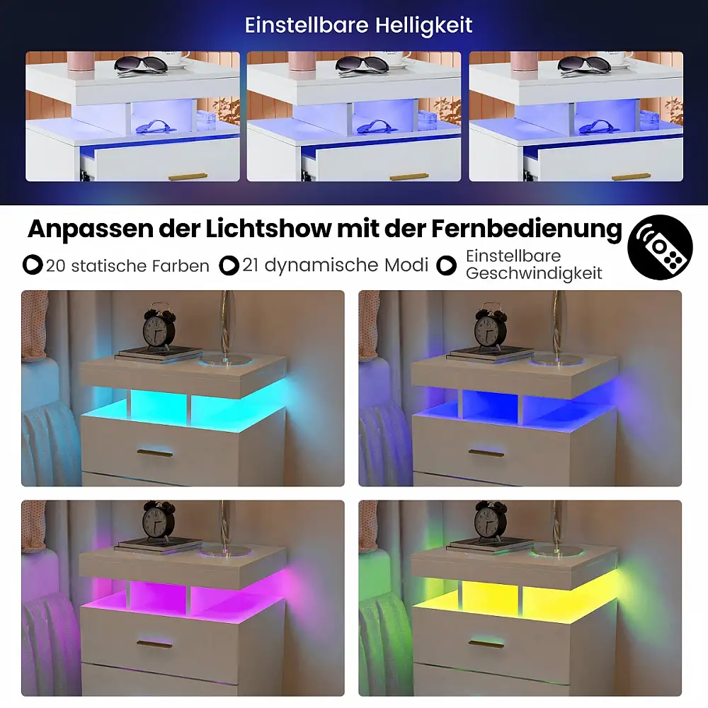 Costway Λευκό Κομοδίνο με LED Φωτισμό και 2 Συρτάρια HU10674WH