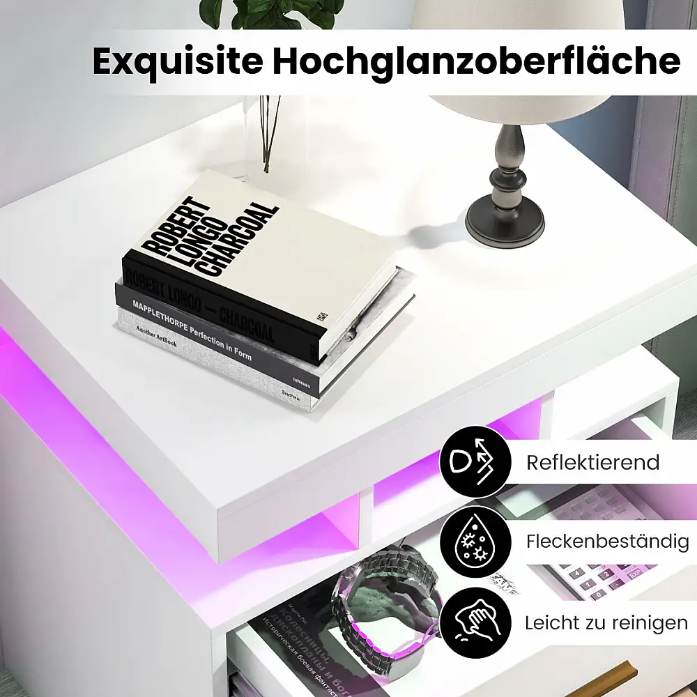 Costway Λευκό Κομοδίνο με LED Φωτισμό και 2 Συρτάρια HU10674WH