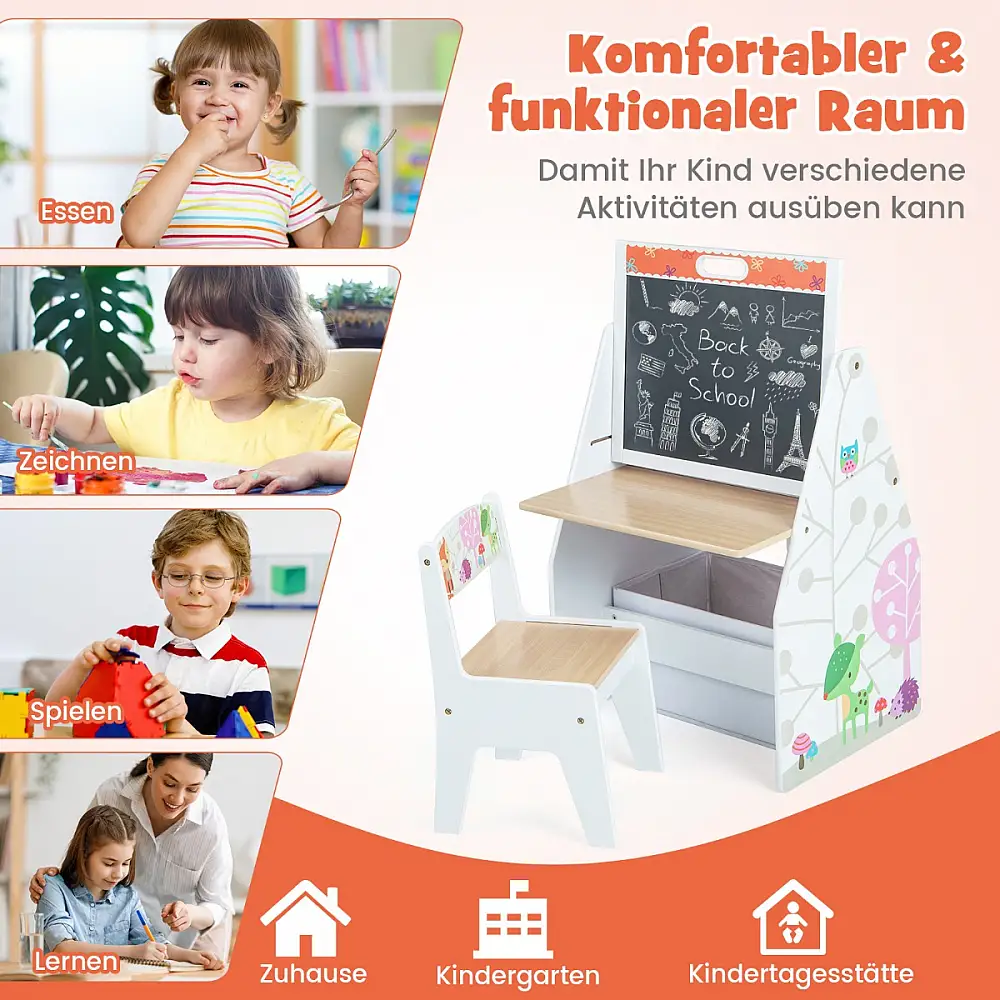 Costway Σετ Παιδικό Τραπέζι & Καρέκλα με Μαγνητικό Πίνακα & Βιβλιοθήκη Λευκό TP10174WH