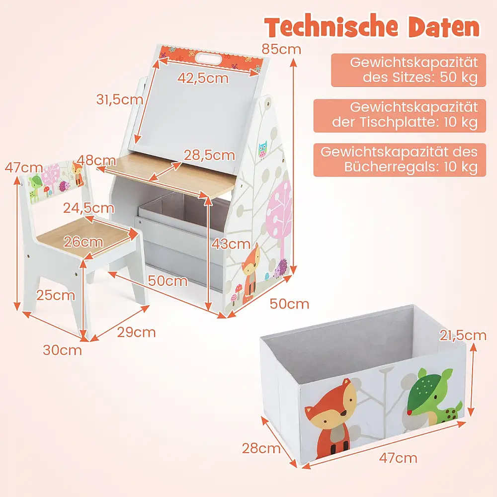 Costway Σετ Παιδικό Τραπέζι & Καρέκλα με Μαγνητικό Πίνακα & Βιβλιοθήκη Λευκό TP10174WH