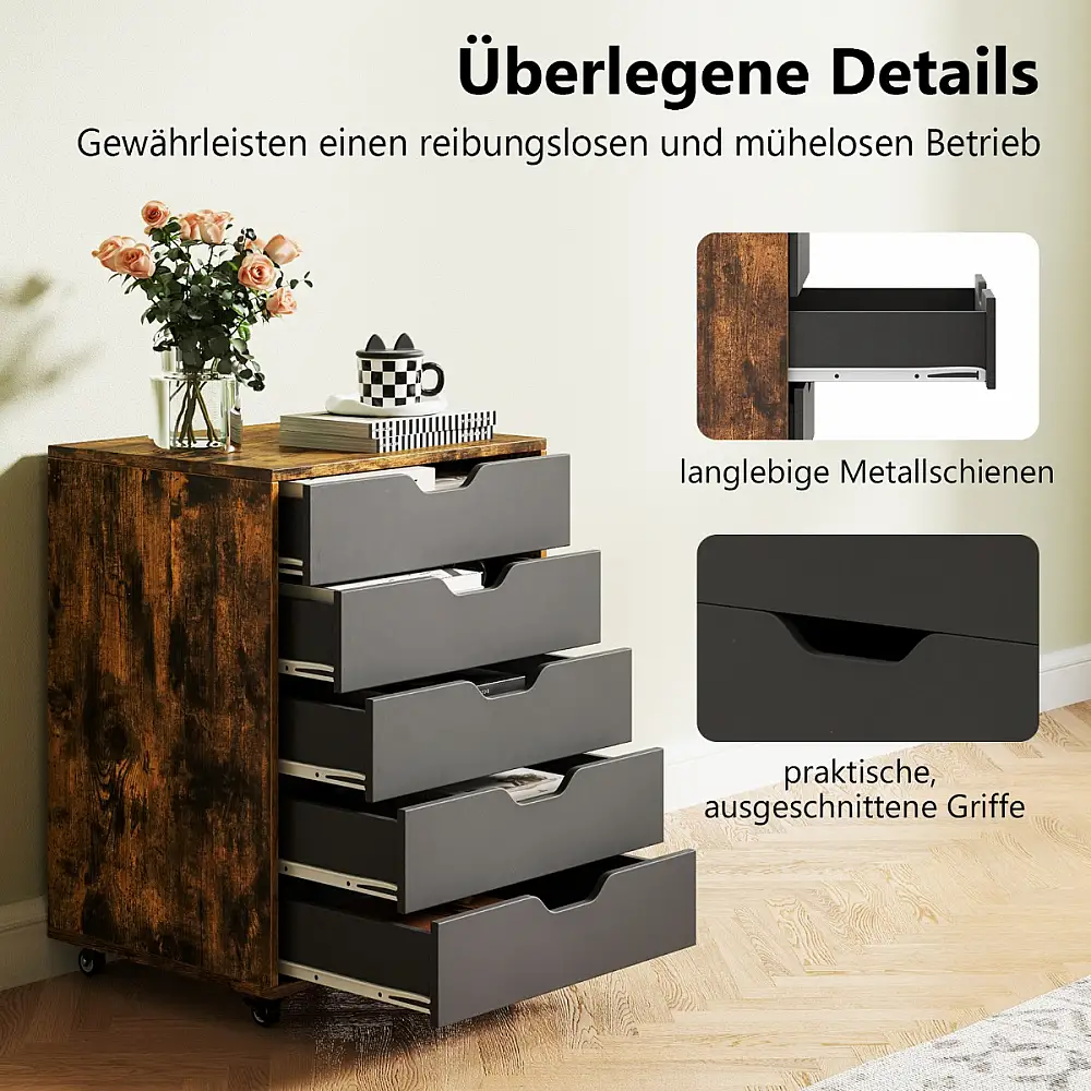 Costway Καφέ Κινητός Αρχειοθήκη με 5 Συρτάρια και Ρόδες JV12147CF