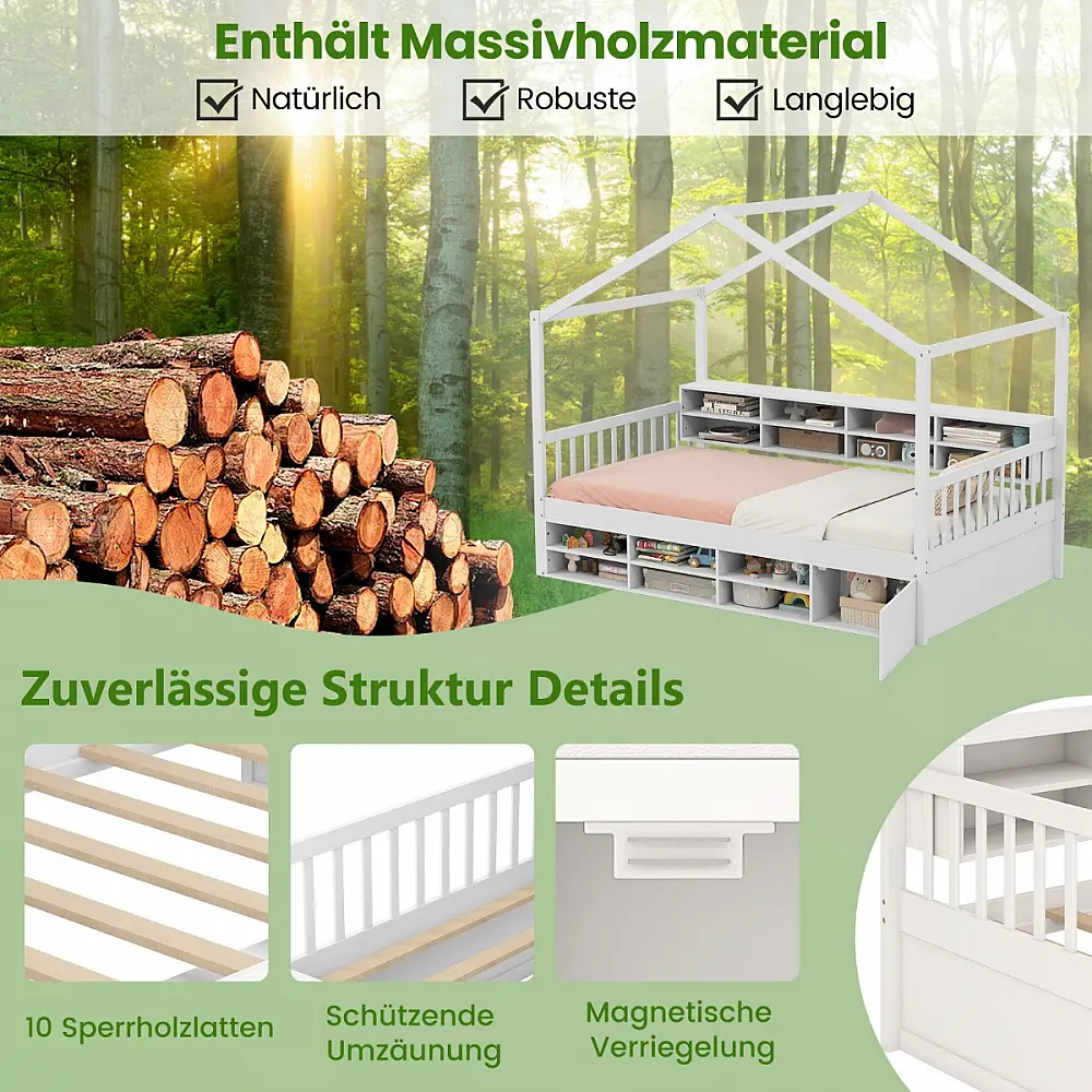 Costway Παιδικό κρεβάτι σπιτάκι 200 x 90 cm με προστατευτικό πτώσης & 14άρι τελάρο, Λευκό HU10940WH-T+ Costway Παιδικό κρεβάτι σπιτάκι 200 x 90 cm με προστατευτικό πτώσης & 14άρι τελάρο, Λευκό HU10940WH-T+