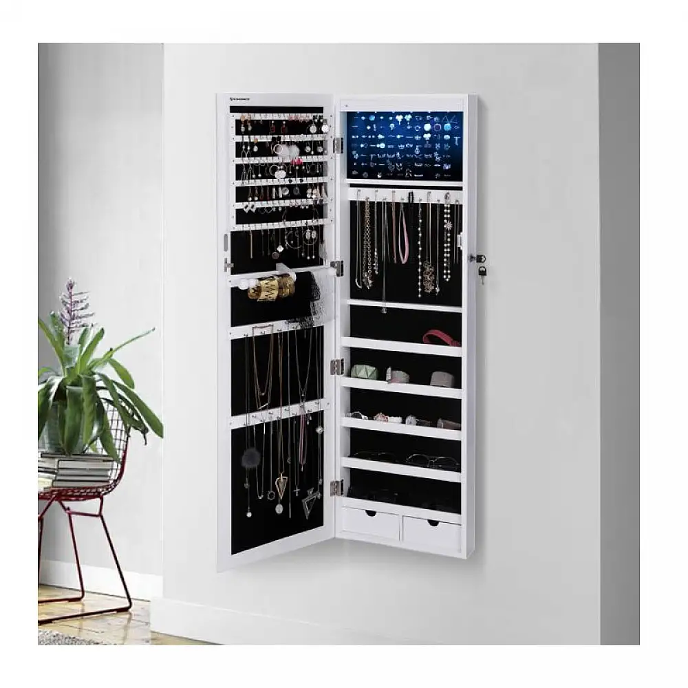 Κρεμαστή Κοσμηματοθήκη Μπιζουτιέρα με Καθρέπτη και Φωτισμό LED 37 x 120 x 9.5 cm Songmics JBC93W