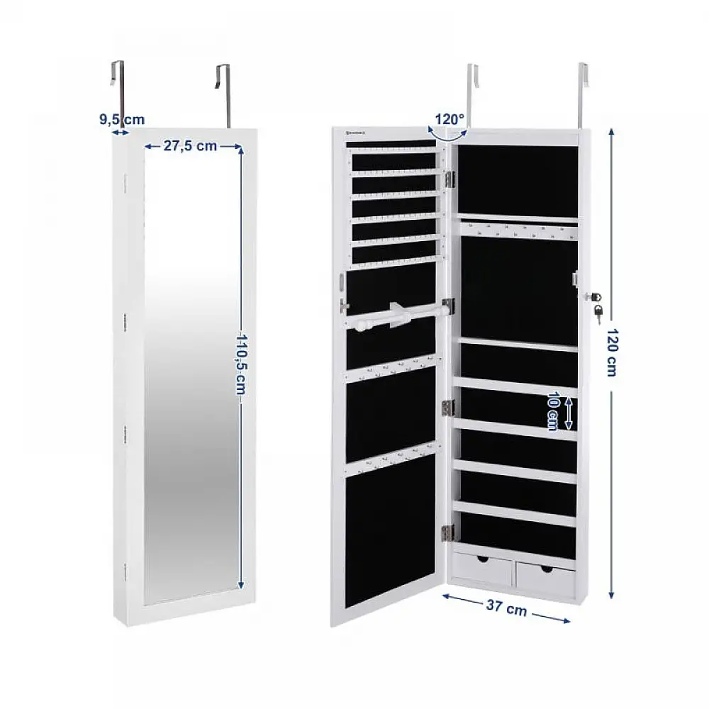 Κρεμαστή Κοσμηματοθήκη Μπιζουτιέρα με Καθρέπτη και Φωτισμό LED 37 x 120 x 9.5 cm Songmics JBC93W