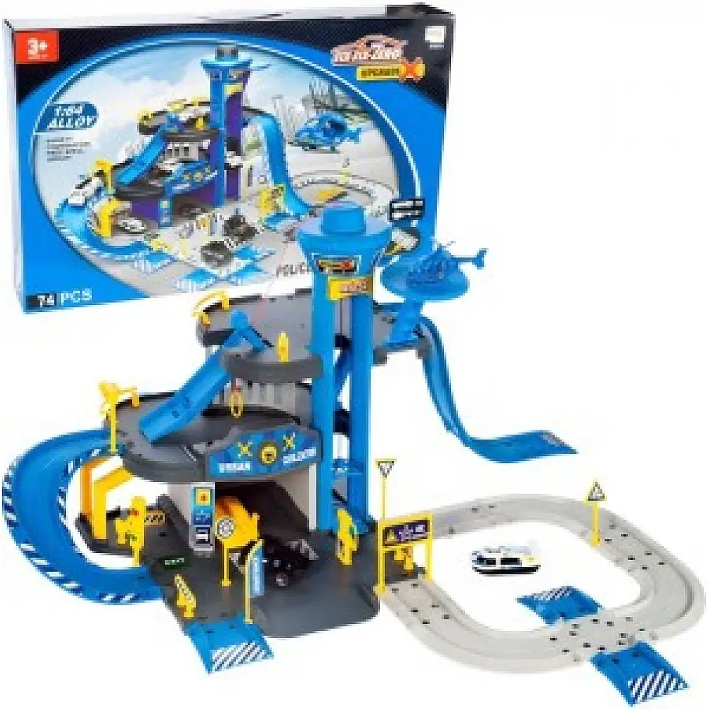 Multistore Γκαράζ αυτοκινήτων αστυνομικό τμήμα 3 επιπέδων με ανελκυστήρα, αυτοκινητάκια + ελικόπτερο, 74 κομμάτια 660-A2