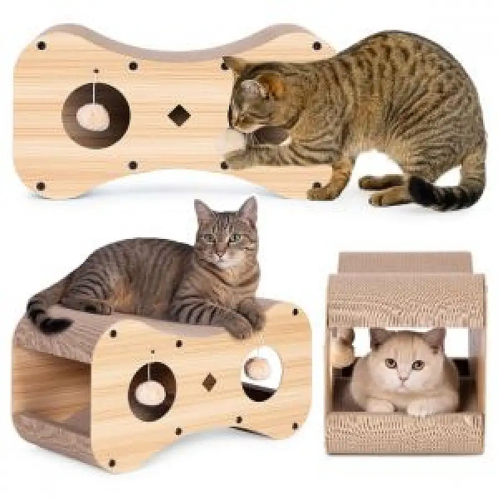 Petsi Ονυχοδρόμιο για γάτες, σπιτάκι/κρεβάτι από χαρτόνι με κρεμαστές πομ-πον TP-1004