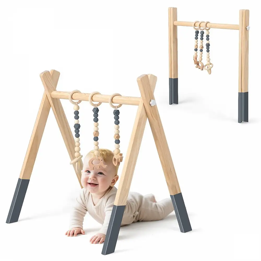 Costway Ξύλινο Γυμναστήριο Δραστηριοτήτων για Μωρά με 3 Παιχνίδια - Γκρι BE10062HS