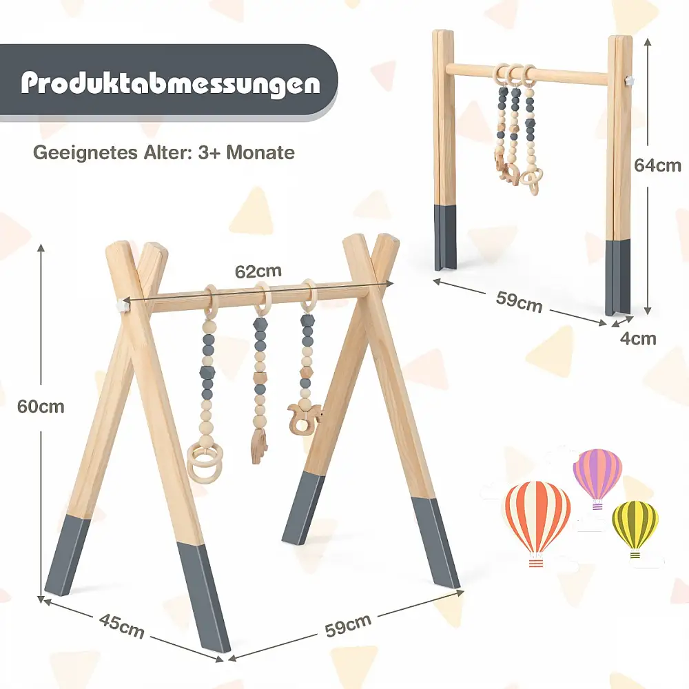 Costway Ξύλινο Γυμναστήριο Δραστηριοτήτων για Μωρά με 3 Παιχνίδια - Γκρι BE10062HS