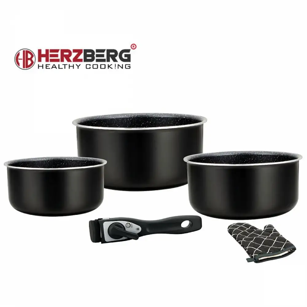 Herzberg Σετ Μαγειρικών Σκευών 5 τεμαχίων με επίστρωση πέτρας και αποσπώμενη λαβή Μαύρο HG8051-BLK