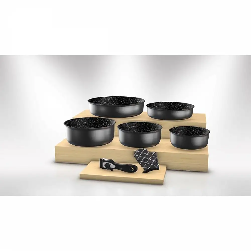 Herzberg Σετ Μαγειρικών Σκευών 7 τεμαχίων με επικάλυψη από πέτρα και αποσπώμενη λαβή , Carbone HG8053-CAR