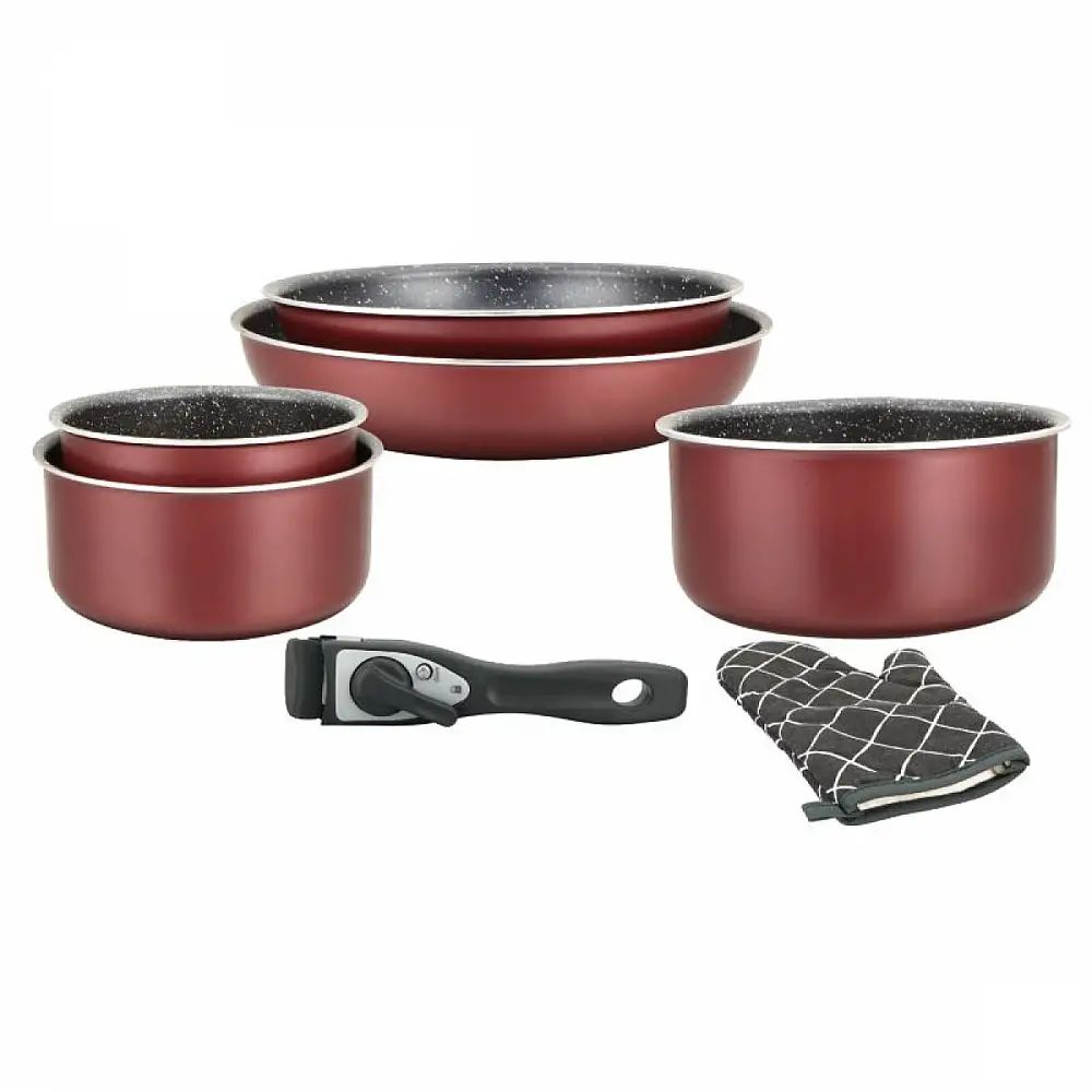 Herzberg Σετ Μαγειρικών Σκευών 7 τεμαχίων με επίστρωση πέτρας και αποσπώμενη λαβή, Μπορντό HG8053-BR