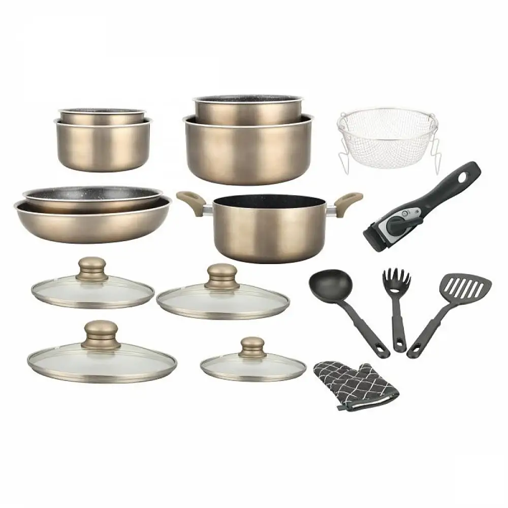 Herzberg Σετ Μαγειρικών Σκευών 17 τεμαχίων με επίστρωση πέτρας με αφαιρούμενη λαβή, Carbone HG8055-CAR