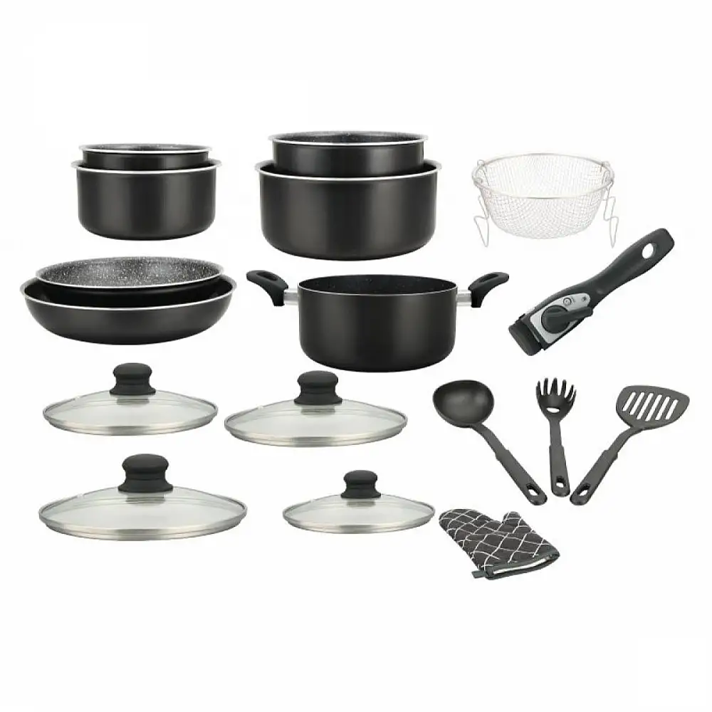 Herzberg Σετ Μαγειρικών Σκευών 17 τεμαχίων με επίστρωση πέτρας και αφαιρούμενη λαβή, Μαύρο HG8055-BLK