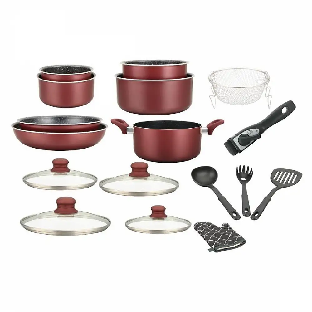 Herzberg Σετ Μαγειρικών Σκευών 17 τεμαχίων με πέτρινη επικάλυψη και αποσπώμενη λαβή, Μπορντό HG8055-BR