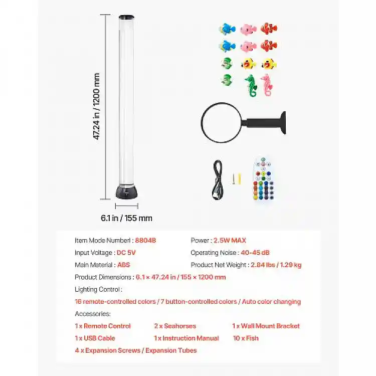 VEVOR Λάμπα Γυάλινου Σωλήνα 16 Χρωμάτων 4 ft Αισθητηριακό Ενυδρείο LDSQPDLS48YCRIJF7001V9