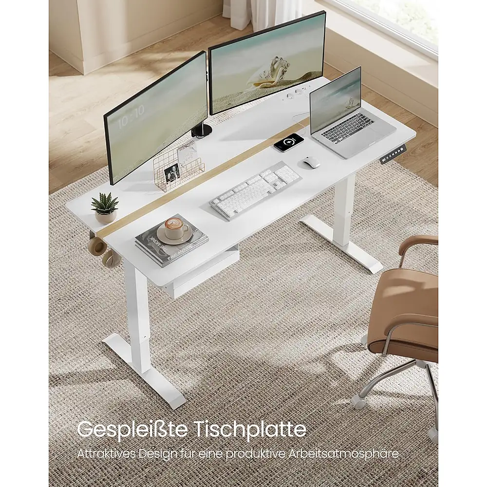 VASAGLE Ηλεκτρικό Ρυθμιζόμενο Γραφείο με Υποδοχή & Συρτάρι, Μνήμη 4 Ύψων, 70x160 εκ., Λευκό/Χρυσό Δρυς LSD116W01