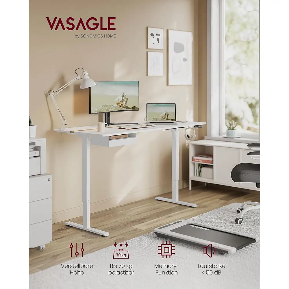 VASAGLE Ηλεκτρικό Ρυθμιζόμενο Γραφείο με Υποδοχή & Συρτάρι, Μνήμη 4 Ύψων, 70x160 εκ., Λευκό/Χρυσό Δρυς LSD116W01