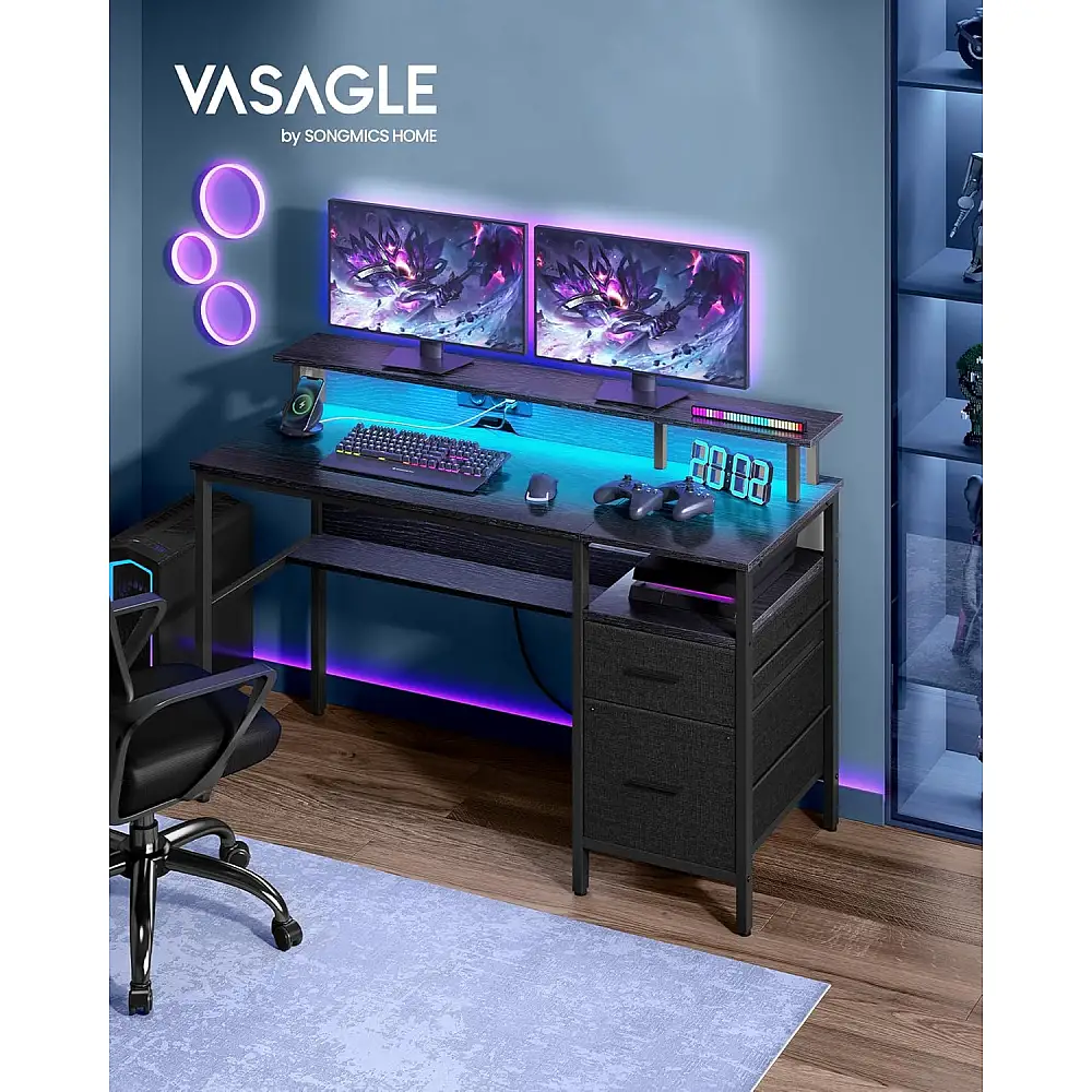 VASAGLE Γραφείο με Υφασμάτινα Συρτάρια και Φωτισμό LED, Ebony Black LWD094B56