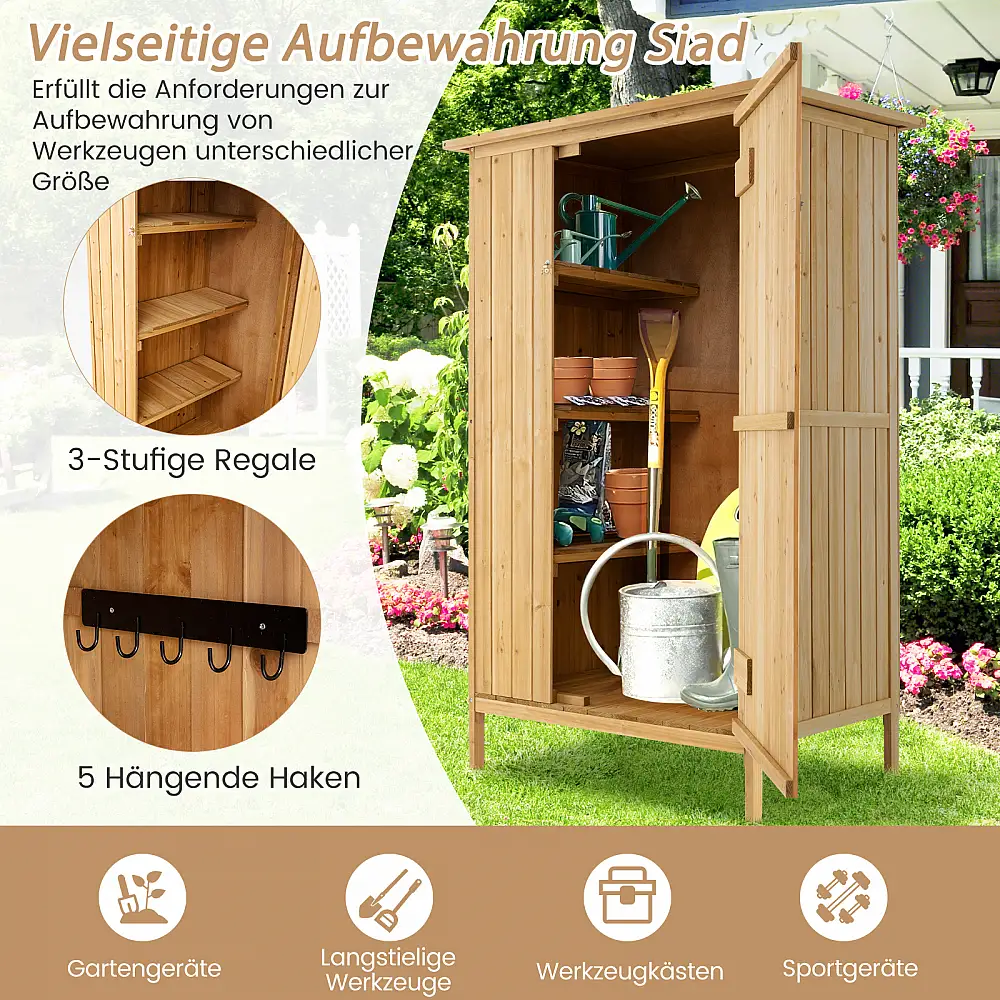 Costway Ξύλινη Αποθήκη Κήπου με Ασφαλτική Στέγη και Κλείδωμα - 3 Ράφια, 5 Γάντζοι - 91x66x150 εκ. GT4246NA+