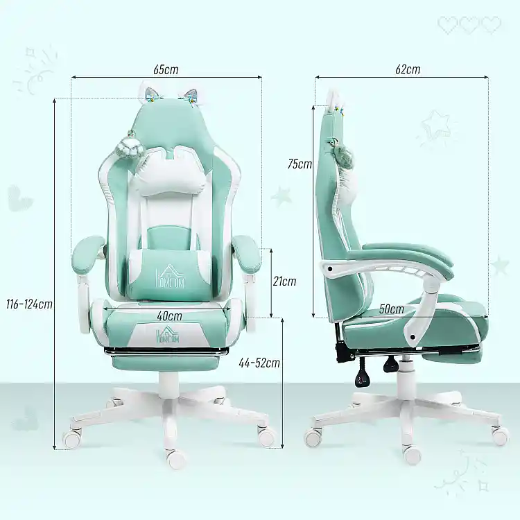 HOMCOM Πολυθρόνα Gaming Ανακλινόμενη με Υποπόδιο και Μαξιλάρια, από Συνθετικό Δέρμα και Σφουγγάρι, 65x62x116-124 εκ., Λευκό και Γαλάζιο 921-794V00LB