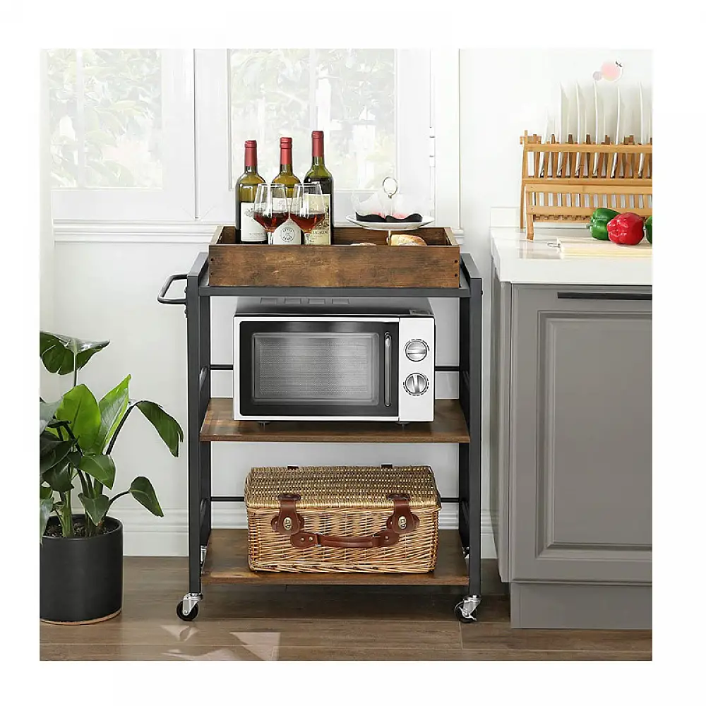 Μεταλλικό Τρόλεϊ Κουζίνας με 3 Ράφια και Αφαιρούμενο Ξύλινο Δίσκο 65 x 40 x 86 cm VASAGLE LRC72X