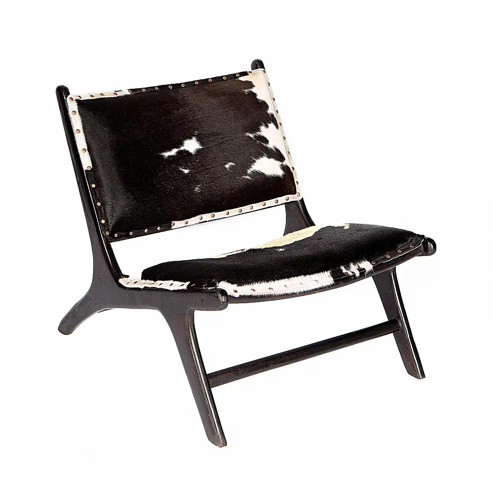 Supergreens Καρέκλα Lounge Δερμάτινη Teak Αγελάδα Ασπρόμαυρη 81x65x72 εκ.
