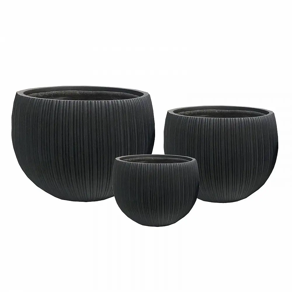 Supergreens Γλάστρα Πήλινη Στρογγυλή "Antica" Μαύρο Wash με Ρίγες L 48x48x37.5 εκ.