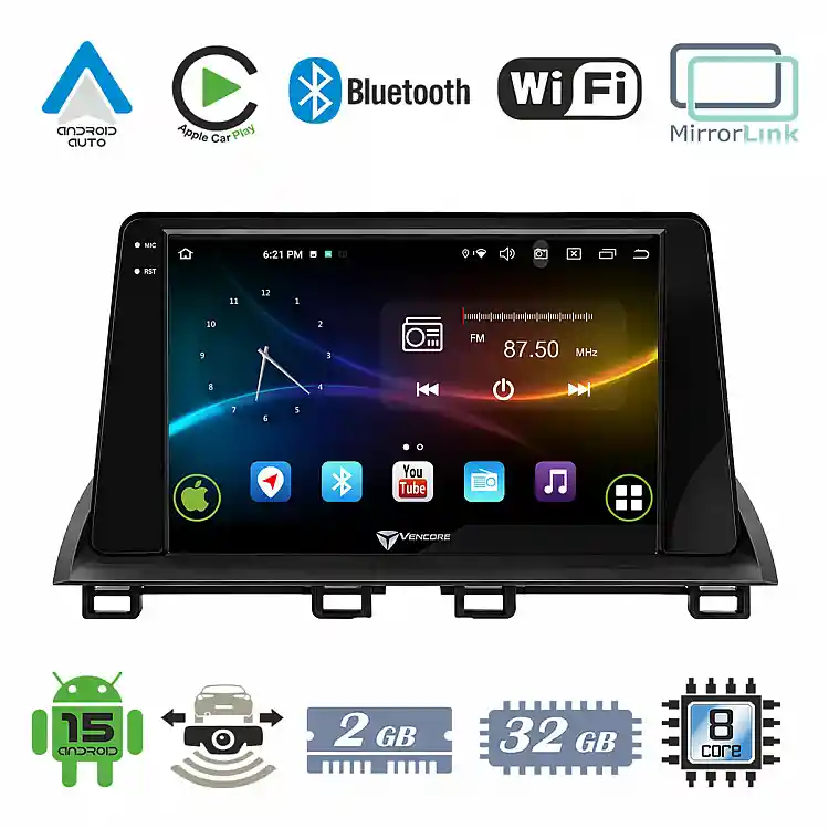 VenCore 3236-10007-0138B - Οθόνη Multimedia Android 15 9" 9109A MTK6762 Octa-Core 2GB/32GB IPS με Πρόσοψη, CarPlay, Android Auto και Υποστήριξη Κάμερας Οπισθοπορείας AHD για Mazda 3 Axela 2014-2026 – Μαύρη