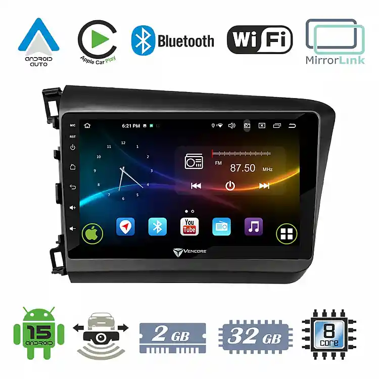 VenCore 3236-10007-0149B - Οθόνη Multimedia Android 15 9" 9109A MTK6762 Octa-Core 2GB/32GB IPS με Πρόσοψη, CarPlay, Android Auto και Υποστήριξη Κάμερας Οπισθοπορείας AHD για Honda Civic 2012-2015 – Μαύρη