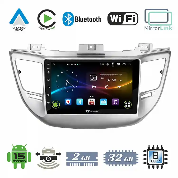 VenCore 3236-10007-0068S - Οθόνη Multimedia Android 15 9" 9109A MTK6762 Octa-Core 2GB/32GB IPS με Πρόσοψη, CarPlay, Android Auto και Υποστήριξη Κάμερας Οπισθοπορείας AHD για Hyundai Tucson 2015-2018 – Ασημί