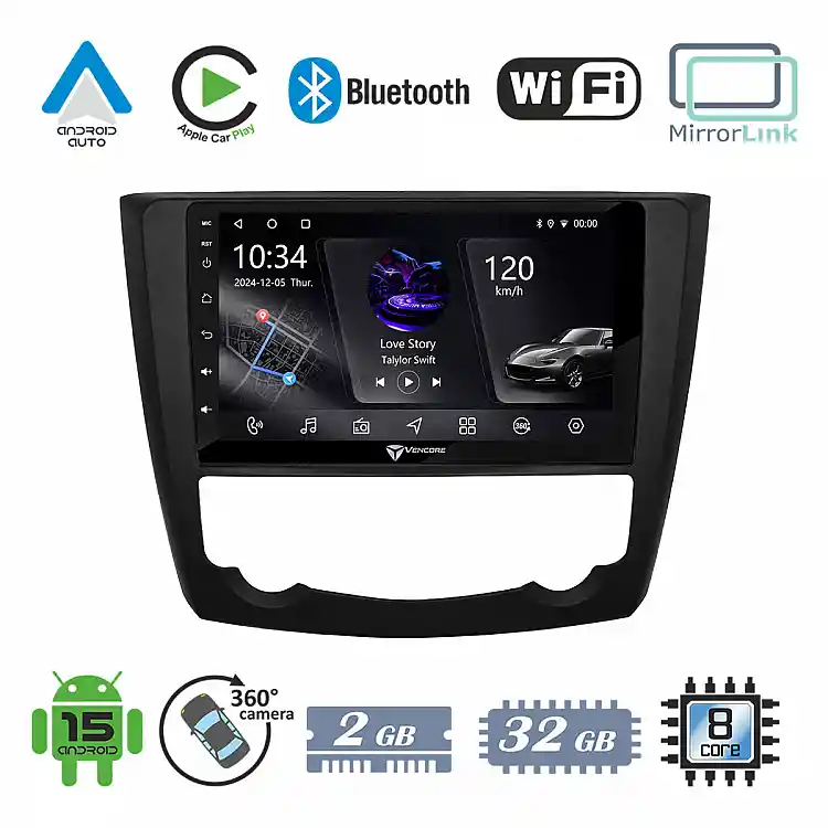 VenCore 3236-10005-0218B - Οθόνη Multimedia Android 15 9" PX5S Octa-Core 2GB/32GB IPS με Πρόσοψη, CarPlay, Android Auto και Υποστήριξη Κάμερας 360° για Renault Kadjar 2015-2023 – Μαύρη