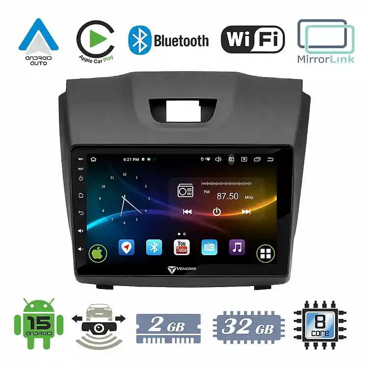 VenCore 3236-10007-0588B - Οθόνη Multimedia Android 15 9" 9109A MTK6762 Octa-Core 2GB/32GB IPS με Πρόσοψη, CarPlay, Android Auto και Υποστήριξη Κάμερας Οπισθοπορείας AHD για Isuzu D-MAX 2012-2019 – Μαύρη