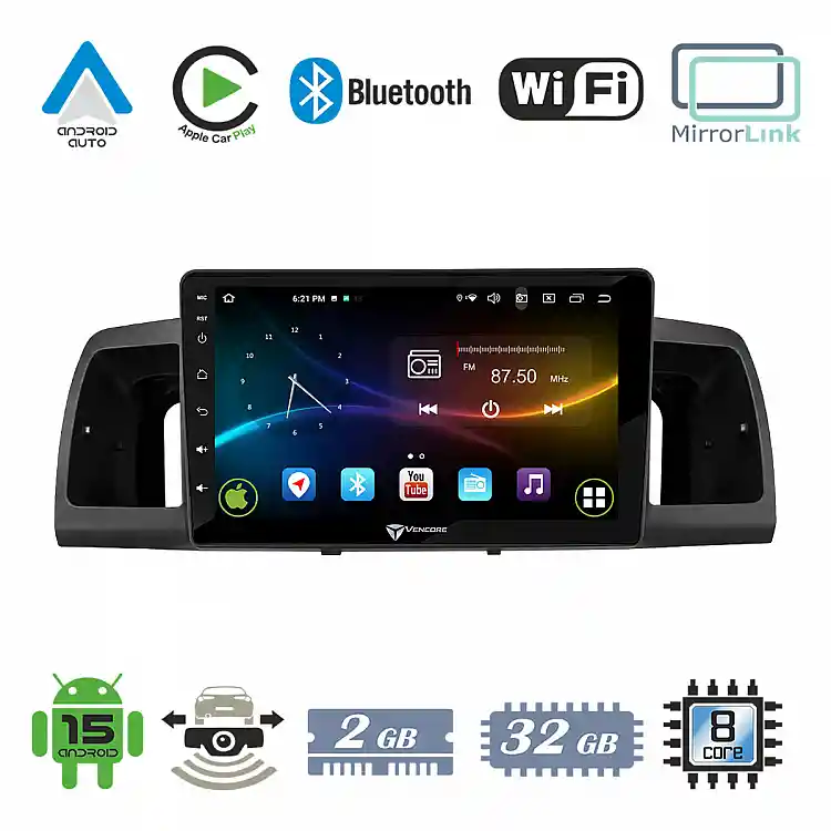 VenCore 3236-10007-0254B - Οθόνη Multimedia Android 15 9" 9109A MTK6762 Octa-Core 2GB/32GB IPS με Πρόσοψη, CarPlay, Android Auto και Υποστήριξη Κάμερας Οπισθοπορείας AHD για Toyota Corolla 2002-2006 – Μαύρη