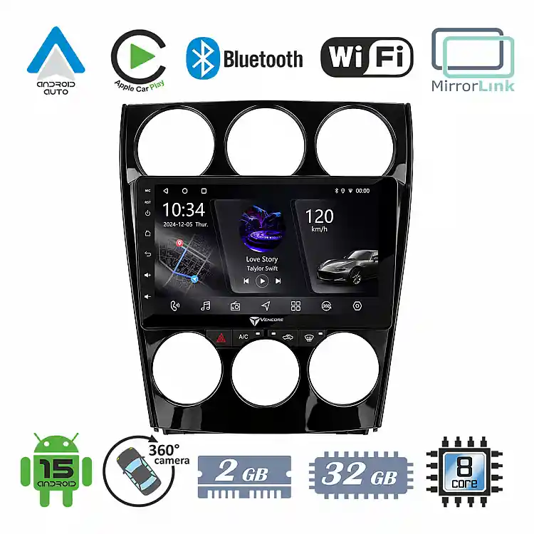 VenCore 3236-10005-0263B - Οθόνη Multimedia Android 15 9" PX5S Octa-Core 2GB/32GB IPS με Πρόσοψη, CarPlay, Android Auto και Υποστήριξη Κάμερας 360° για Mazda 6 2002-2008 – Μαύρη