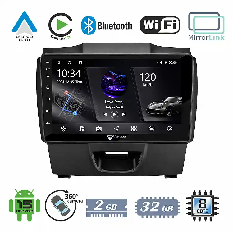 VenCore 3236-10005-0273B - Οθόνη Multimedia Android 15 9" PX5S Octa-Core 2GB/32GB IPS με Πρόσοψη, CarPlay, Android Auto και Υποστήριξη Κάμερας 360° για Isuzu D-MAX 2012-2019 – Μαύρη
