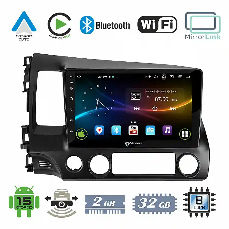 VenCore 3236-10008-0242B - Οθόνη Multimedia Android 15 10.1" 9109A MTK6762 Octa-Core 2GB/32GB IPS με Πρόσοψη, CarPlay, Android Auto και Υποστήριξη Κάμερας Οπισθοπορείας AHD για Honda Civic 2006-2011 – Μαύρη