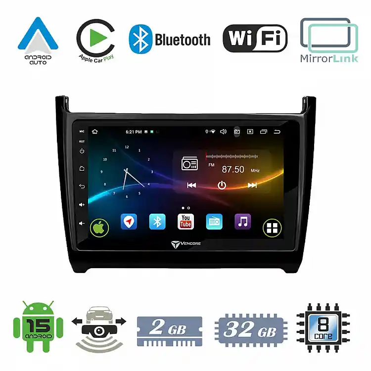 VenCore 3236-10007-0069B - Οθόνη Multimedia Android 15 9" 9109A MTK6762 Octa-Core 2GB/32GB IPS με Πρόσοψη, CarPlay, Android Auto και Υποστήριξη Κάμερας Οπισθοπορείας AHD για VW Polo 2009-2017 – Μαύρη