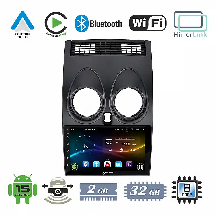 VenCore 3236-10007-0264AB - Οθόνη Multimedia Android 15 9" 9109A MTK6762 Octa-Core 2GB/32GB IPS με Πρόσοψη, CarPlay, Android Auto και Υποστήριξη Κάμερας Οπισθοπορείας AHD για Nissan Qashqai J10 2006-2013 – Μαύρη