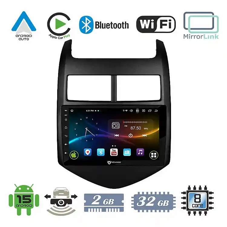 VenCore 3236-10007-0243B - Οθόνη Multimedia Android 15 9" 9109A MTK6762 Octa-Core 2GB/32GB IPS με Πρόσοψη, CarPlay, Android Auto και Υποστήριξη Κάμερας Οπισθοπορείας AHD για Chevrolet Aveo 2011-2017 – Μαύρη