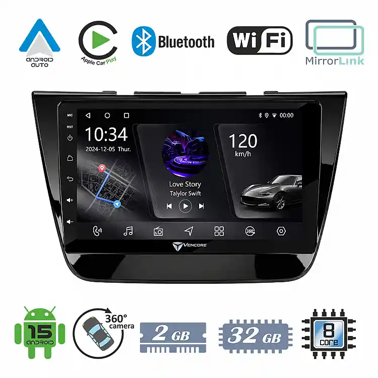 VenCore 3236-10006-0189B - Οθόνη Multimedia Android 15 10.1" PX5S Octa-Core 2GB/32GB IPS με Πρόσοψη, CarPlay, Android Auto και Υποστήριξη Κάμερας 360° για MG ZS 2017-2026 – Μαύρη