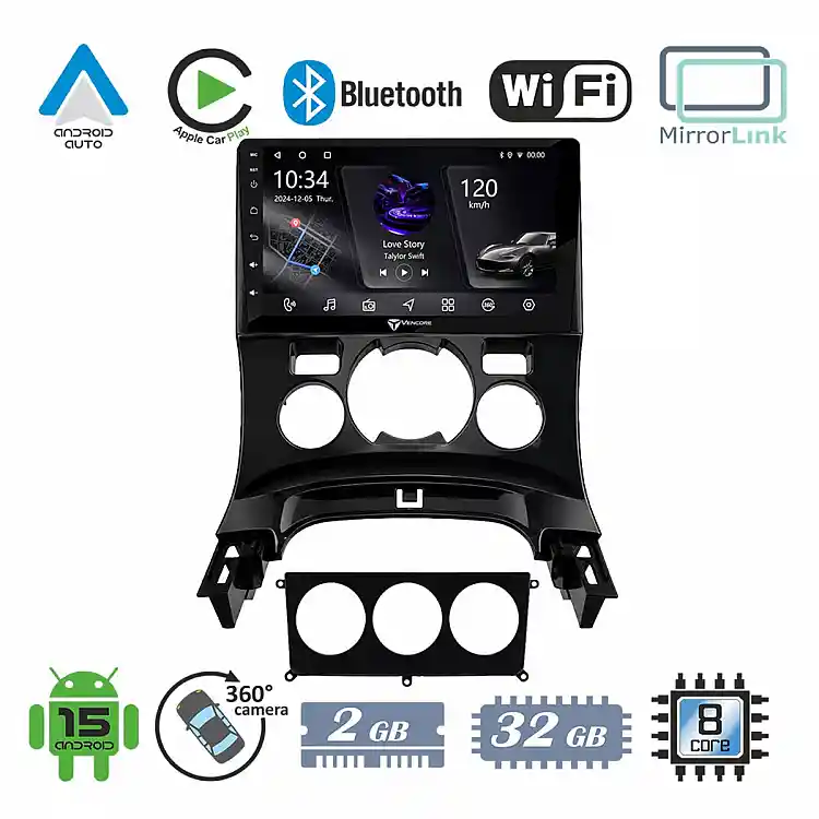VenCore 3236-10005-0163B - Οθόνη Multimedia Android 15 9" PX5S Octa-Core 2GB/32GB IPS με Πρόσοψη, CarPlay, Android Auto και Υποστήριξη Κάμερας 360° για Peugeot 3008 2008-2016 – Μαύρη