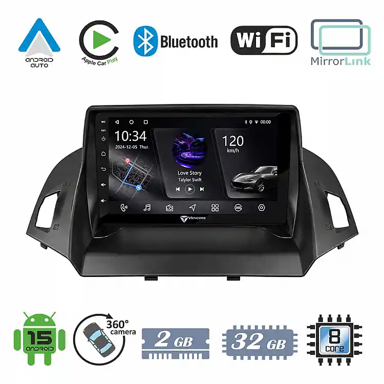 VenCore 3236-10005-0047B1 - Οθόνη Multimedia Android 15 9" PX5S Octa-Core 2GB/32GB IPS με Πρόσοψη, CarPlay, Android Auto και Υποστήριξη Κάμερας 360° για Ford C-Max 2011-2023 – Μαύρη