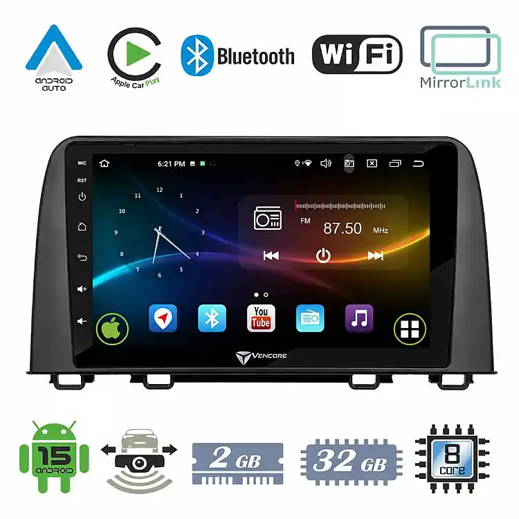 VenCore 3236-10008-0160B1 - Οθόνη Multimedia Android 15 10.1" 9109A MTK6762 Octa-Core 2GB/32GB IPS με Πρόσοψη, CarPlay, Android Auto και Υποστήριξη Κάμερας Οπισθοπορείας AHD για Honda CRV 2017-2022 – Μαύρη