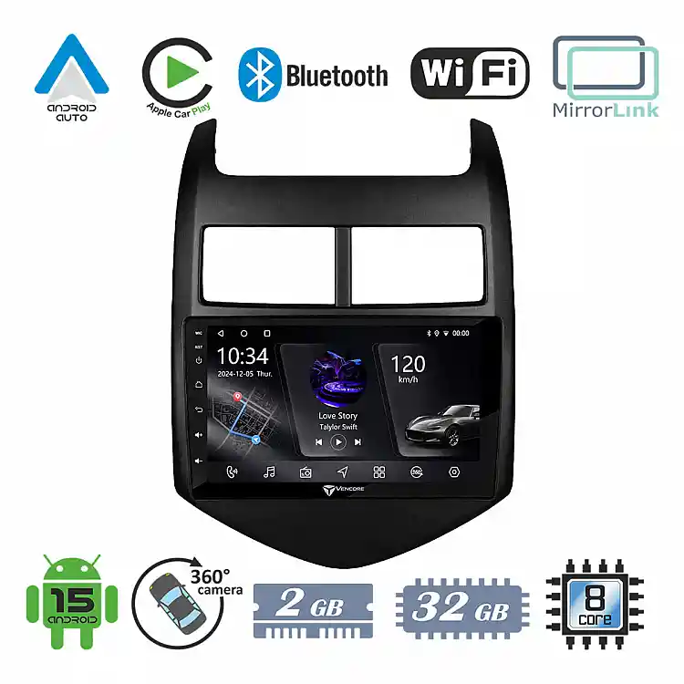 VenCore 3236-10005-0243B - Οθόνη Multimedia Android 15 9" PX5S Octa-Core 2GB/32GB IPS με Πρόσοψη, CarPlay, Android Auto και Υποστήριξη Κάμερας 360° για Chevrolet Aveo 2011-2017 – Μαύρη